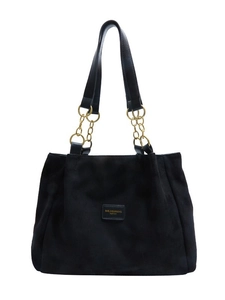 Large black suede tote bag with leather gold chain straps and front logo patch for daily commute