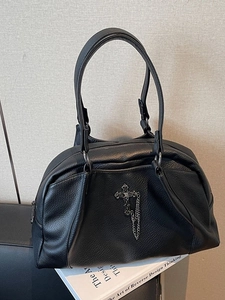 Retro Gothic Cross Tote Bag For Women Lychee Pattern PU Leather Large Capacity Shoulder Bag With Metal Chain Pendant
