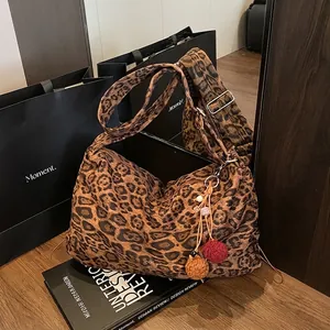 Women Retro Suede Leopard Print Tote Bag Large Capacity Hobo Shoulder Bag With Pom Pom Charm Autumn Versatile Underarm Bag