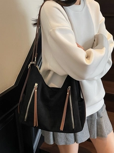 Black vintage matte shoulder bag with large capacity and brown leather strap detailing