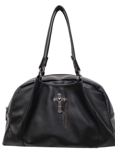 Gothic black pebbled leather handbag with vintage metal cross and chain decoration