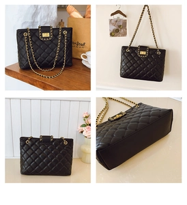 Four views showing quilted black faux leather tote with golden chain strap and twist lock