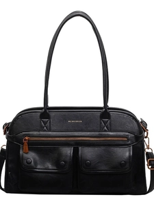 Black pebbled faux leather tote bag with multi-pockets and bronze zippers on white background