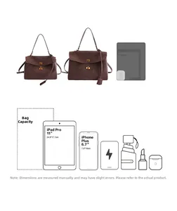 Detailed comparison showing large and small suede shoulder bag capacity with iPad and iPhone