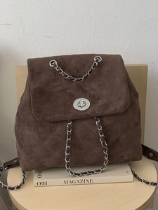 Sac à Dos Vintage en Suédine pour Femmes Motif Losange Décoration de Chaîne Rétro Décontracté Quotidien École Sac à Épaule