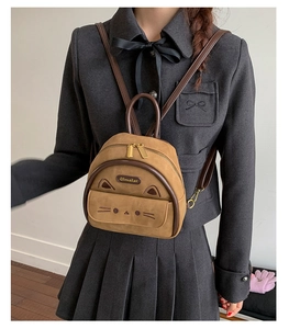 Close-up of cute cat-shaped mini backpack featuring 3D ears and embroidered whiskers