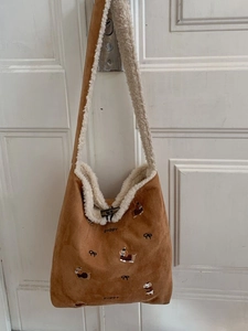 Women Vintage Corduroy Bucket Bag With Puppy Dog Embroidery Lambswool Trim Large Capacity Crossbody Shoulder Tote Bag