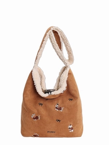 Brown corduroy shoulder bag with puppy embroidery and white faux shearling trim