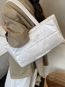 White quilted puffy tote bag with cotton filling for women's winter commute casual style