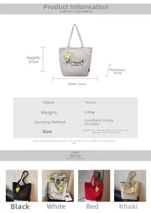 Detail view of corduroy tote bag dimensions 43x37x15cm with dog embroidery and sunflower charm