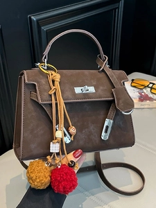 Women Vintage Fashion PU Leather Shoulder Bag Kelly Style Handbag With Pompom Pendant Metal Lock Small Square Crossbody Bag