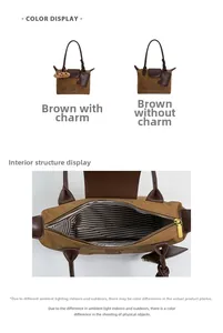 Detail view of brown canvas tote bag with internal striped lining and zipper pocket