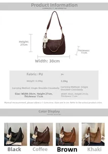 Detailed size specifications for the large casual PU dumpling bag with four color options