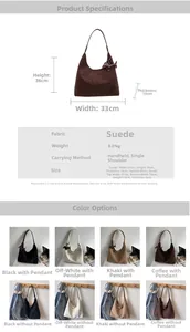 Detailed size chart and multi-color display of suede tote bags with puppy charms