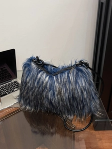 Blue-grey gradient faux fur shoulder bag with soft plush texture and black zipper detail