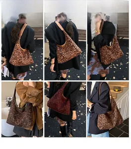 Detail view of stylish leopard print hobo bag worn by model in various fashion outfits