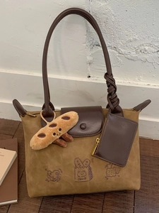 Vintage Cartoon Embroidery PU Leather Tote Bag Large Capacity Dumpling Shoulder Bag With Baguette Pendant For Women