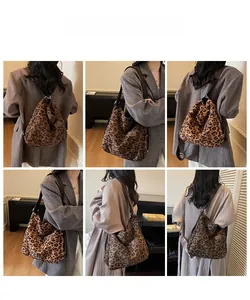 Collage of model wearing a leopard print canvas tote bag with wide brown shoulder straps