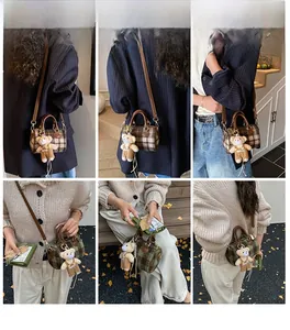 Retro plaid cylinder crossbody bag with cute plush bear charm in multiple carrying styles
