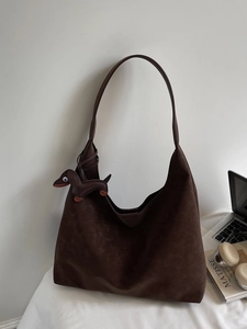 Minimalist Faux Suede Tote Bag For Women Large Capacity Shoulder Bag With Dachshund Pendant Commuter Underarm Bag