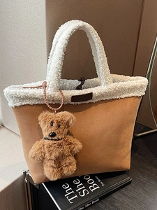 Vintage Faux Suede Patchwork Faux Lamb Wool Tote Bag Large Capacity Handbag With Teddy Bear Charm For Women Autumn Winter
