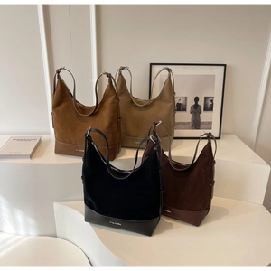 Detailed comparison of four suede Hobo tote bags in caramel, khaki, black and brown colors