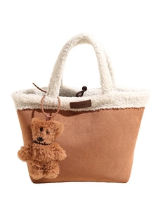 Brown faux suede and white sherpa tote bag with cute plush bear keychain charm