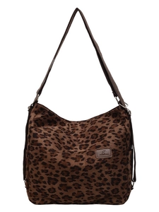 Large capacity leopard print canvas tote bag with wide shoulder strap on white background