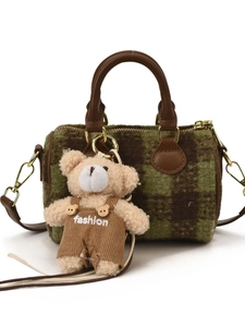 Mini plaid Boston handbag with plush bear charm and adjustable leather shoulder strap