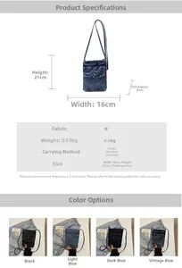 Detailed size chart and color options for the denim crossbody bag with metal buckle