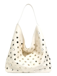 White faux leather hobo shoulder bag with silver metal studs and slender strap