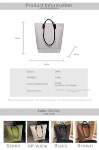 Size guide for large canvas tote bag showing dimensions and four available colors