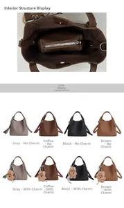 Detail of bucket bag interior with zipper pouch and multi-color product display