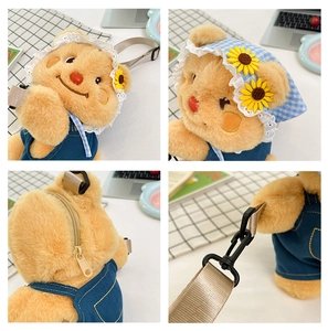 Detail view of yellow plush bear backpack with denim overalls and adjustable straps