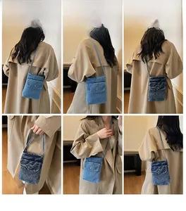 Detailed views of mini denim crossbody phone bag in light and dark blue wash