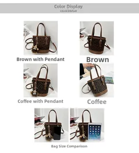Detail view of leopard print bucket bag size compared to iPad and phone