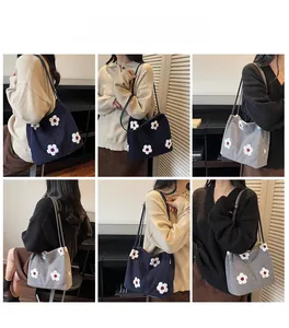 Detailed views of women's thick knit tote bag with 3D flower pattern and black shoulder straps