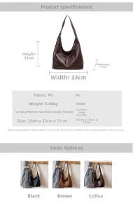 Detailed size specifications for large PU leather shoulder bag with dimension labels