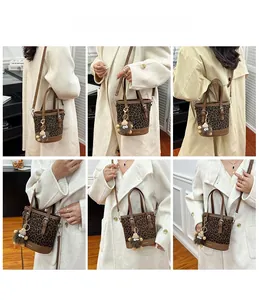 Collage showing leopard bucket bag with plush charm in handbag, shoulder and crossbody styles
