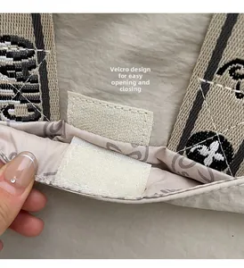Détail d'un sac bandoulière en nylon avec fermeture velcro et poignées imprimées