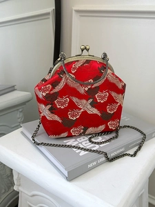 Vintage Chinese Style Embroidered Crane Kiss Lock Bag Elegant Brocade Crossbody Handbag With Chain Strap For Women