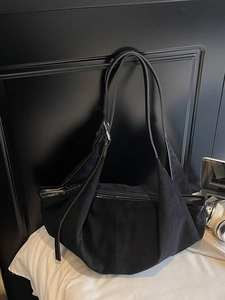 Minimalist black faux suede large tote bag with long leather straps for daily commute