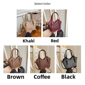 Close-up of woven PU leather tote bags in five colors with adjustable shoulder straps