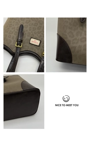 Dettagli di una borsa tote retrò in tessuto leopardato con angoli rinforzati in pelle