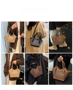 Detailed views of woven tote bags with V-shaped top and adjustable straps in six styles
