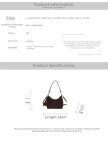 Detailed size guide showing dimensions 24x8x14cm for the vintage brown PU shoulder bag