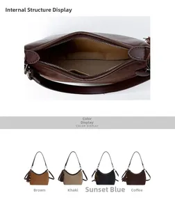 Detail of faux suede hobo bag interior showing zipper pockets and four color options