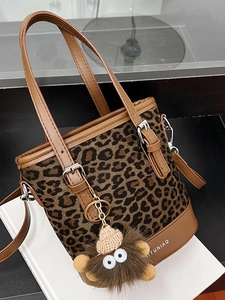 Vintage Women Leopard Print Bucket Bag Small PU Leather Crossbody Bag With Plush Monster Charm Fashion Shoulder Handbag