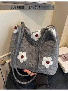 Gray plush tote bag with flower embroidery and faux leather straps for winter