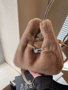Borsa a Secchiello in Peluche da Donna Borsa a Mano a Tinta Unita con Chiusura in Metallo Borsa a Tracolla per Autunno Inverno